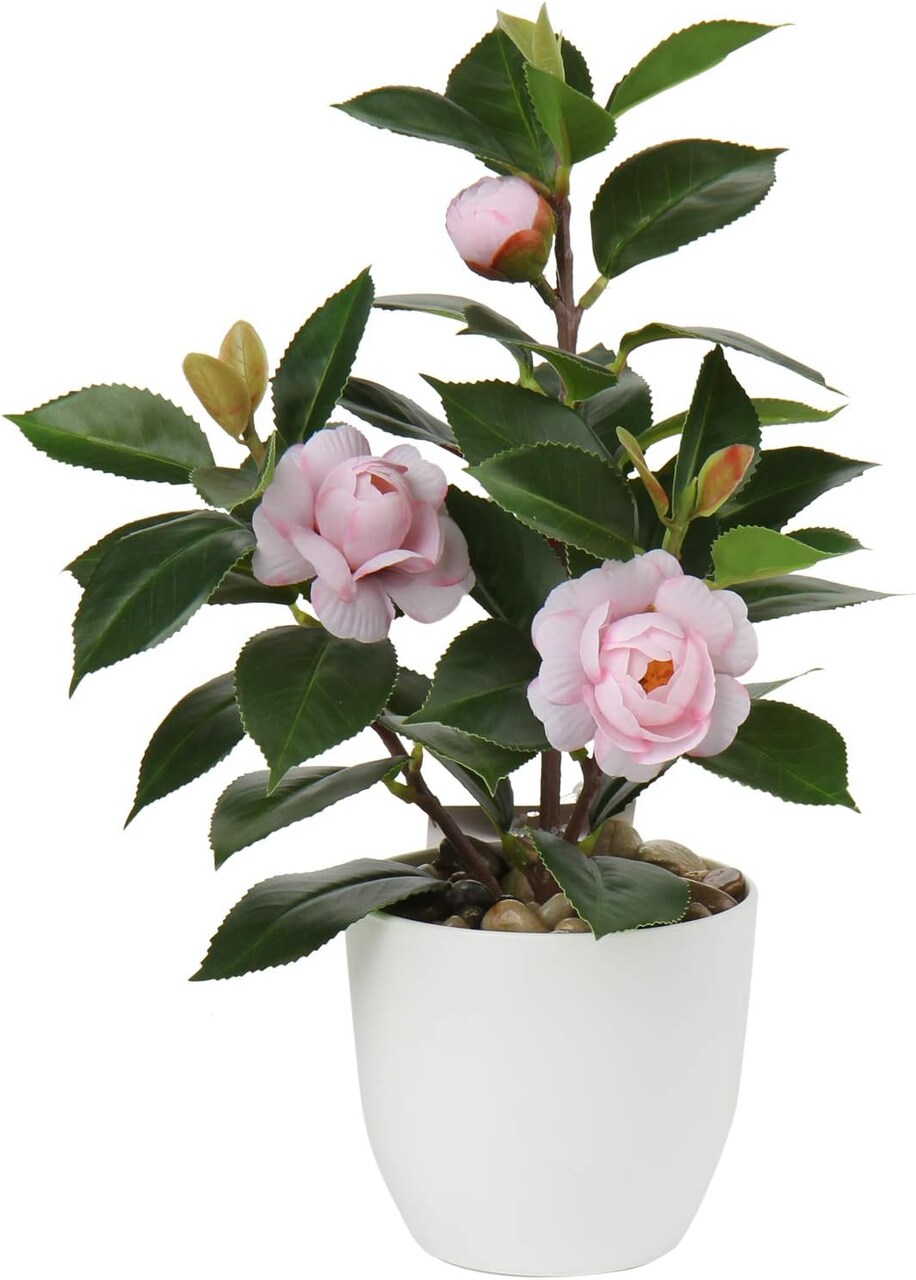 Mini Artificial Camellia Small Potted Plant with Vase – Faux Flower Desk & Home Office Tabletop Decor for Indoor Styling